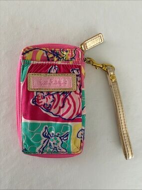 Lilly Pulitzer Multi Colored Zip Wristlet with ID Holder and Gold Strap.